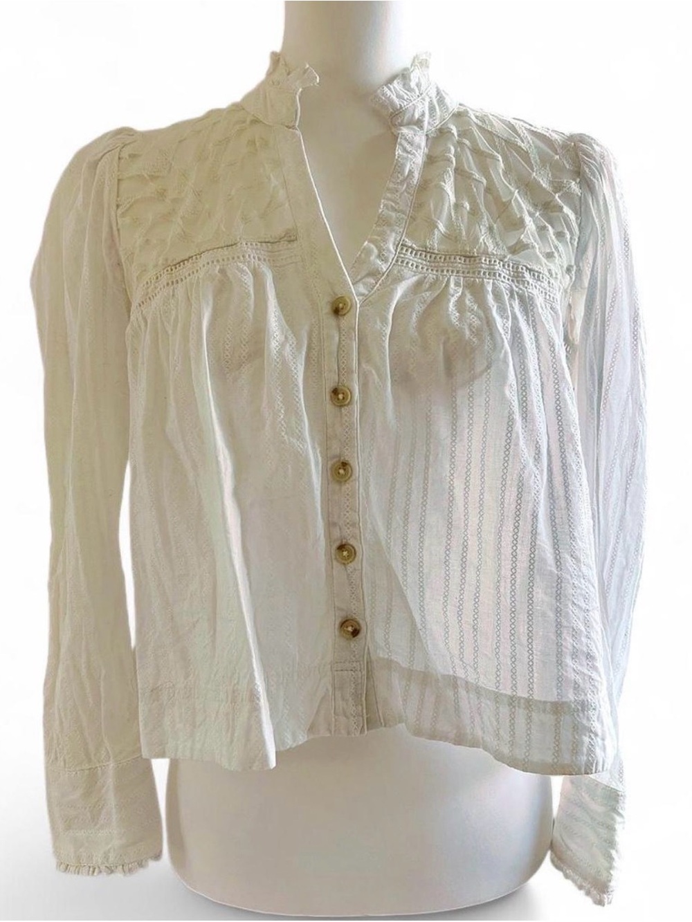 Anthropologie Pilcro White Lace Yoke Peasant Blouse Button Up Cotton Cottagecore